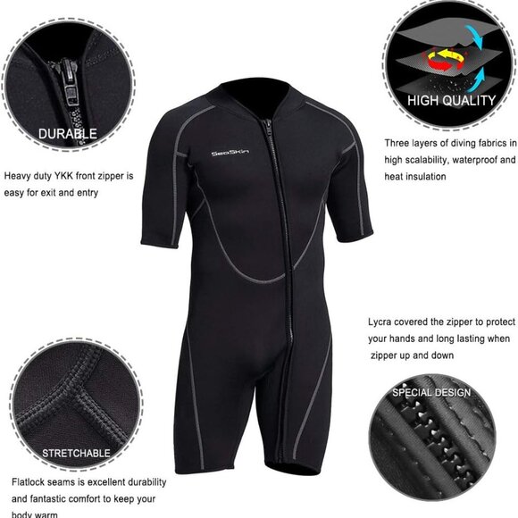 Seaskin Mens 3mm Shorty Wetsuit Womens Full Body Diving Suit Front Zip Wetsuit - Picture 4 of 16